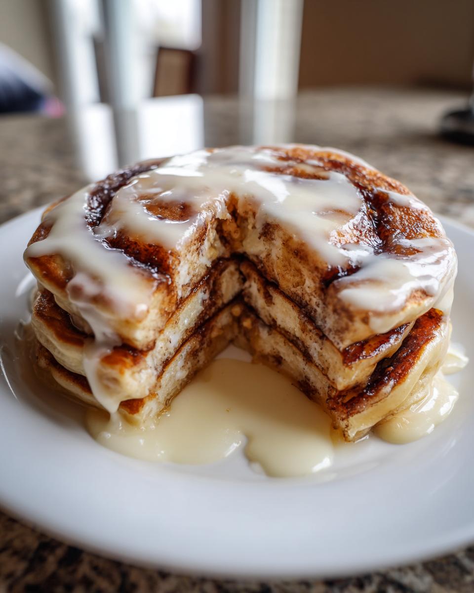 A close-up of a stack of cinnamon roll pancakes, cut to show the swirl layers, dripping with thick cream cheese icing.