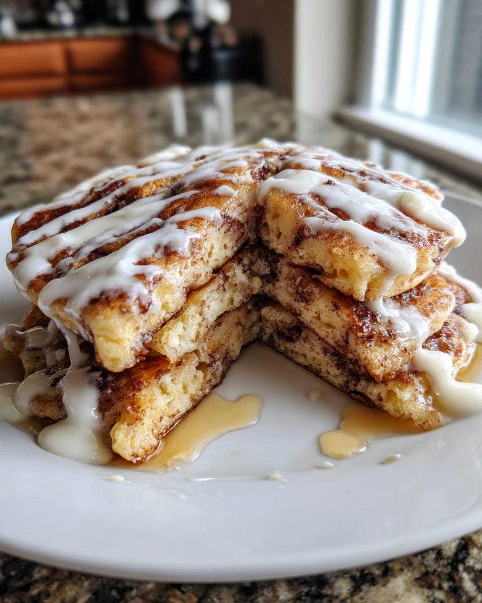 A tall stack of fluffy cinnamon roll pancakes cut open, drizzled heavily with white icing and syrup.
