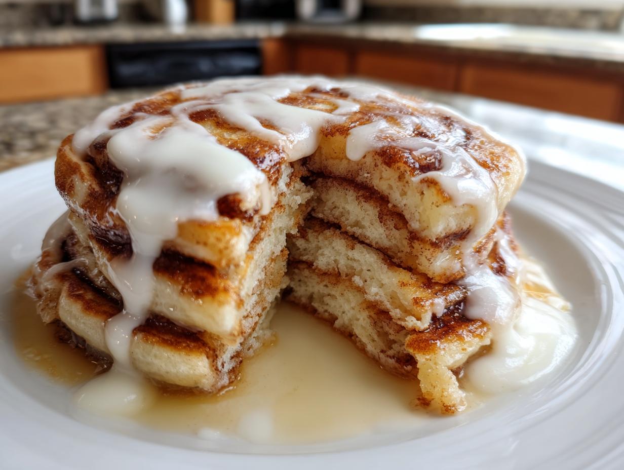 A close-up of a stack of fluffy cinnamon roll pancakes, cut open to show layers, drizzled heavily with white cream cheese icing.
