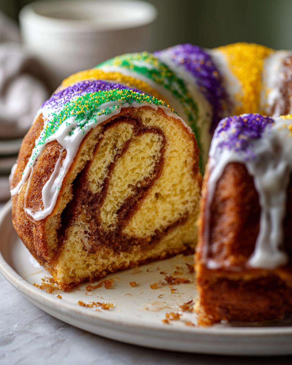 A close-up of a slice removed from a cinnamon swirl King Cake, topped with white icing and purple, green, and gold sprinkles.