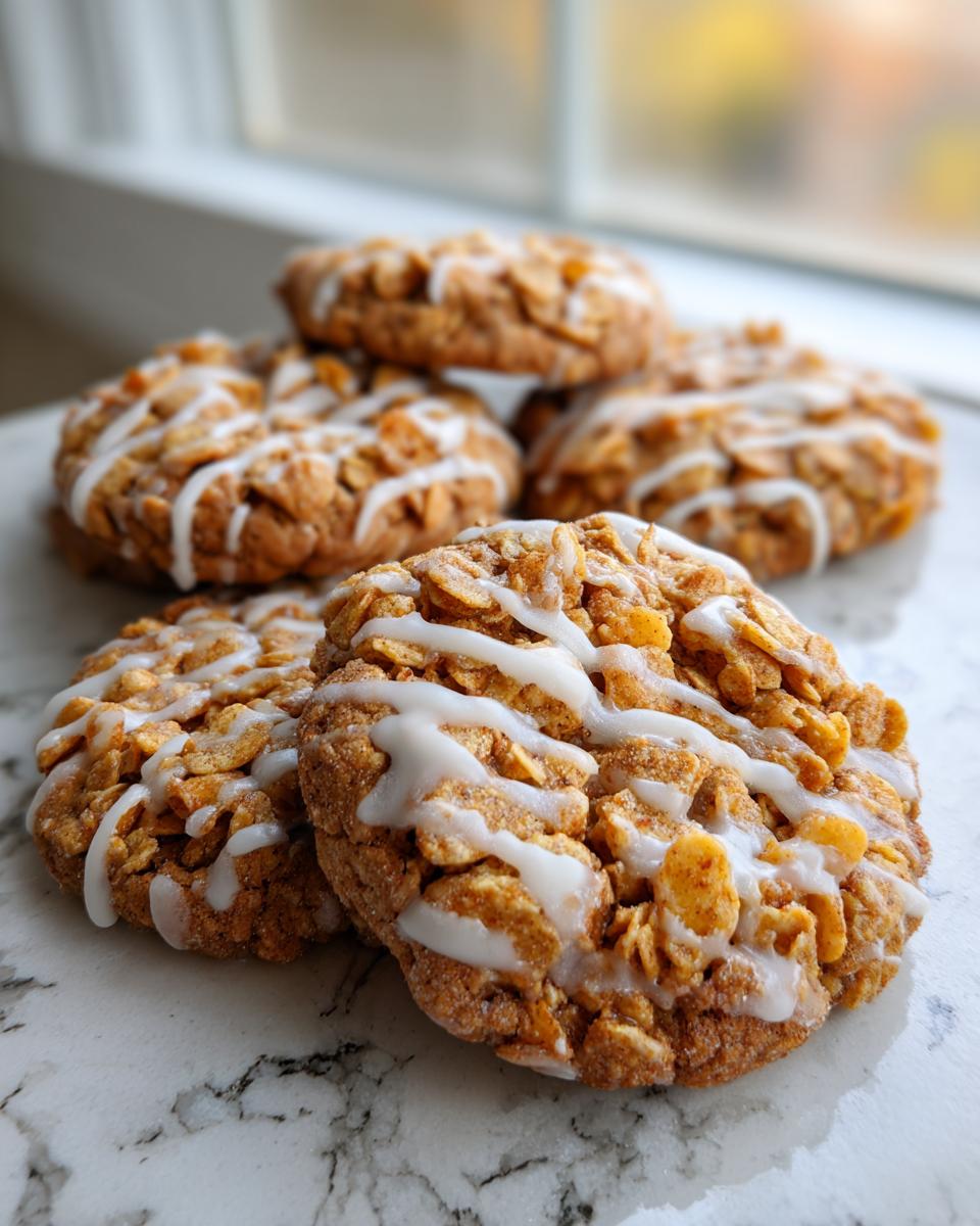 Close-up of several soft cinnamon toast crunch cookies topped with a white vanilla glaze drizzle.