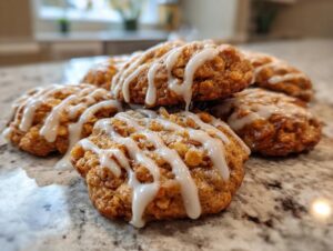 A stack of freshly baked cinnamon toast crunch cookies drizzled with a thick white glaze.