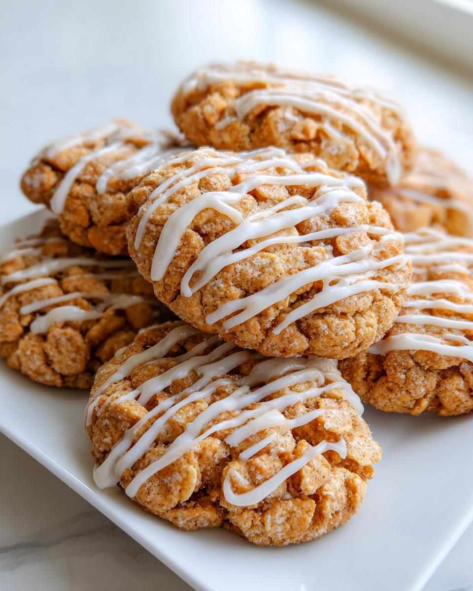 A stack of freshly baked cinnamon toast crunch cookies drizzled with white icing.