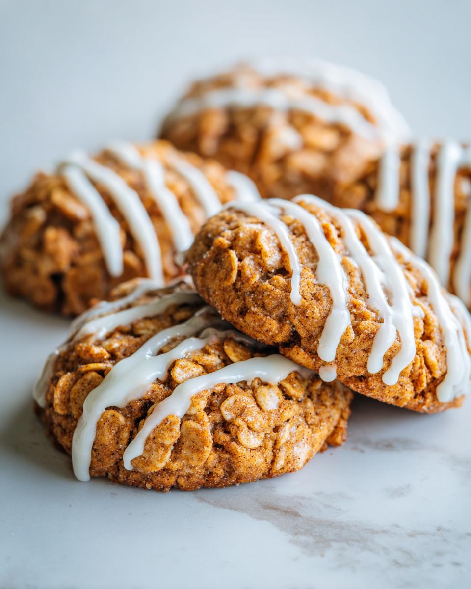 Close-up of several oatmeal-based cinnamon toast crunch cookies drizzled with white vanilla icing.