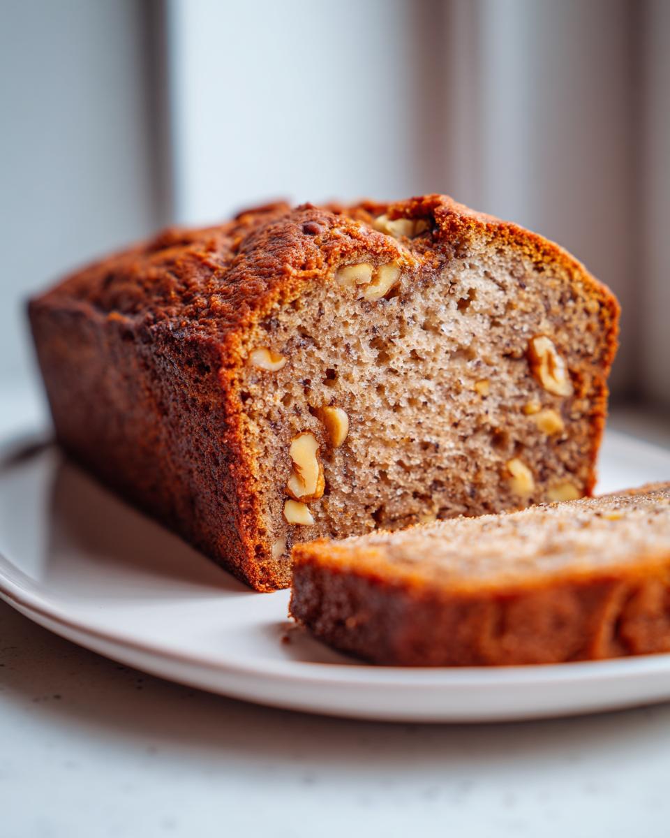 A loaf of moist cottage cheese banana bread, sliced, showing walnuts baked inside.