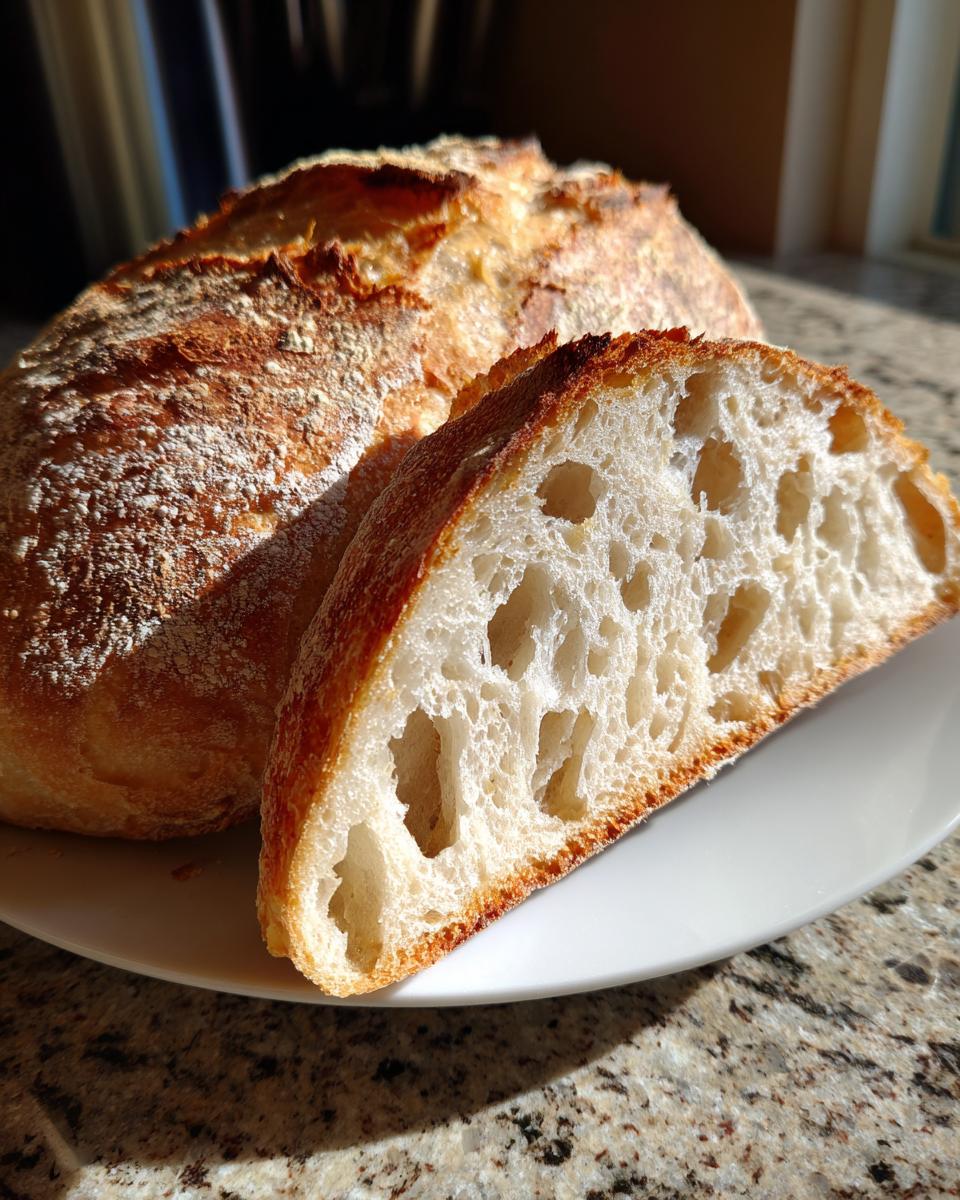 A rustic country loaf with sourdough discard, featuring a thick, golden crust and a slice showing an open, airy crumb structure.