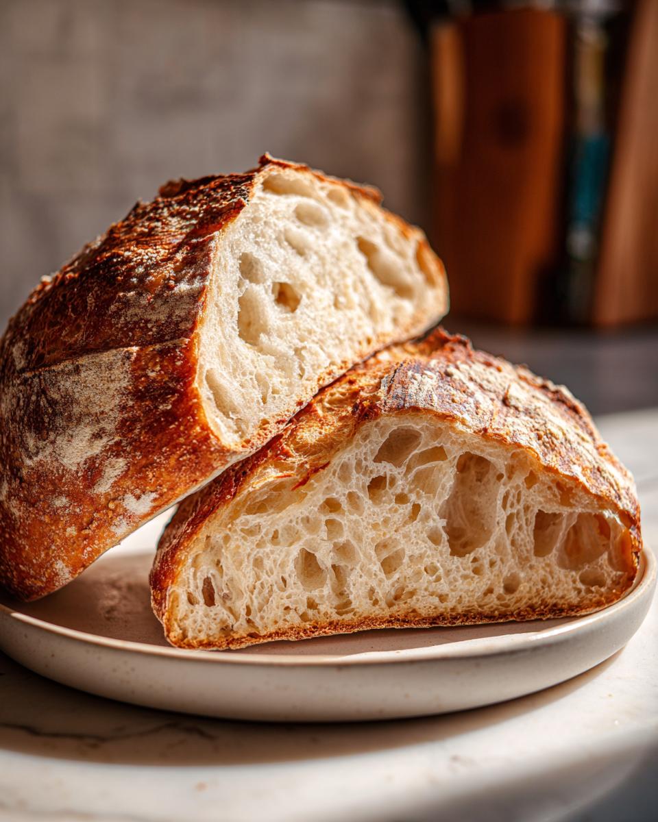 A country loaf with sourdough discard sliced in half, showing an open, airy crumb structure and a dark, rustic crust.