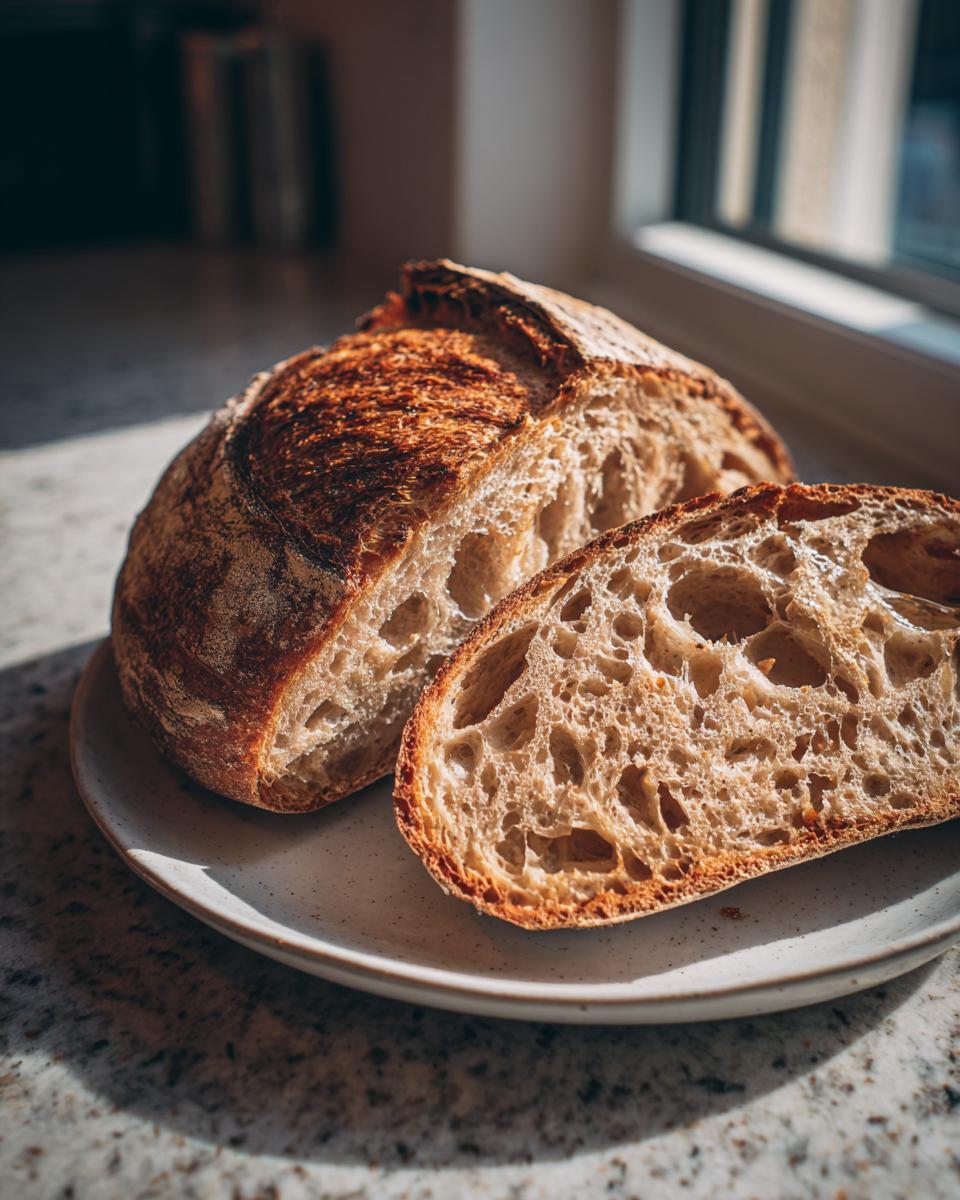 A freshly baked country loaf with sourdough discard, sliced to show the open, airy crumb structure.