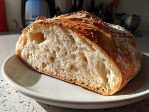 Close-up of the open crumb structure of a country loaf with sourdough discard, showing an airy interior and golden crust.