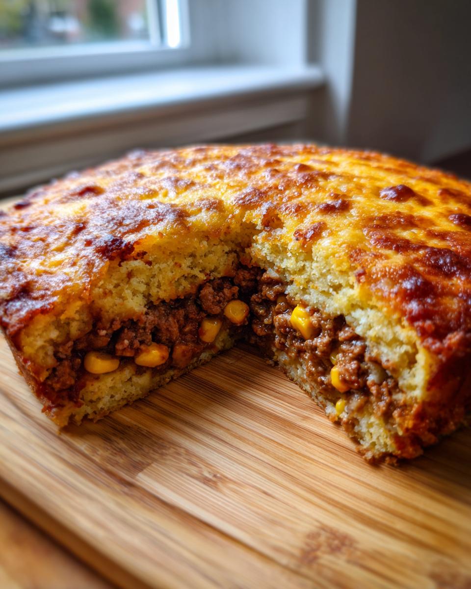 A close-up view of cowboy cornbread casserole cut in half, showing a savory ground meat and corn filling between two layers of golden cornbread.
