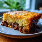 Close-up of a serving of cowboy cornbread casserole showing the thick, golden cornbread top layer over a savory chili and corn filling.