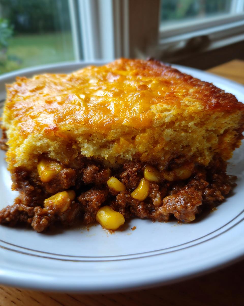 A thick slice of cowboy cornbread casserole featuring a cheesy top layer over a savory ground meat and corn filling.
