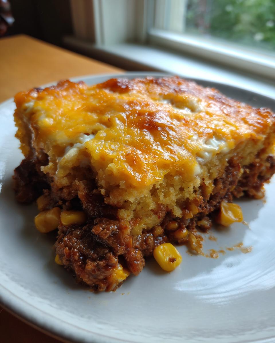 A close-up slice of cowboy cornbread casserole featuring a savory meat base, corn, and a thick layer of melted, golden-brown cheese on top.