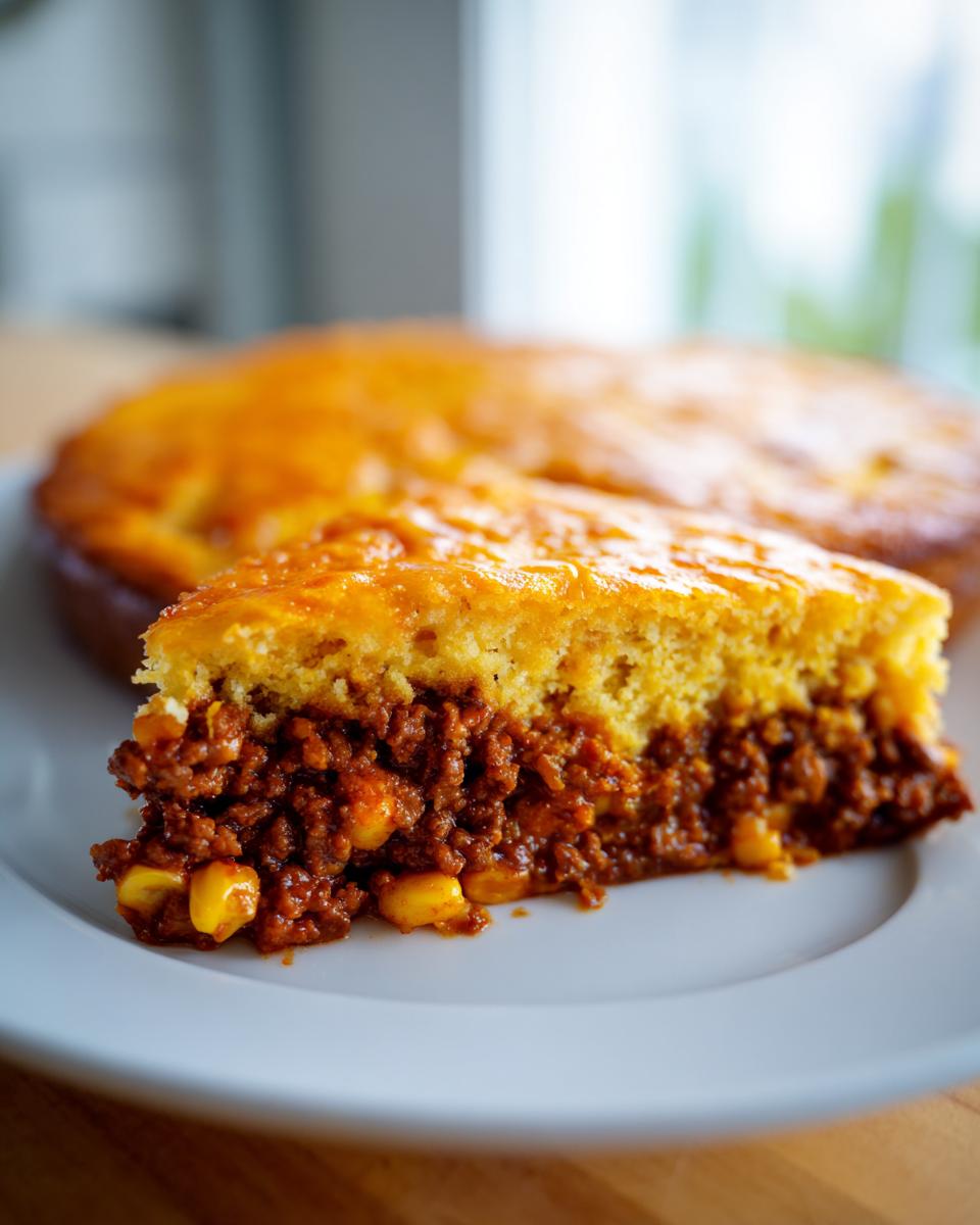 A close-up slice of cowboy cornbread casserole showing a thick layer of savory chili filling topped with golden cornbread.