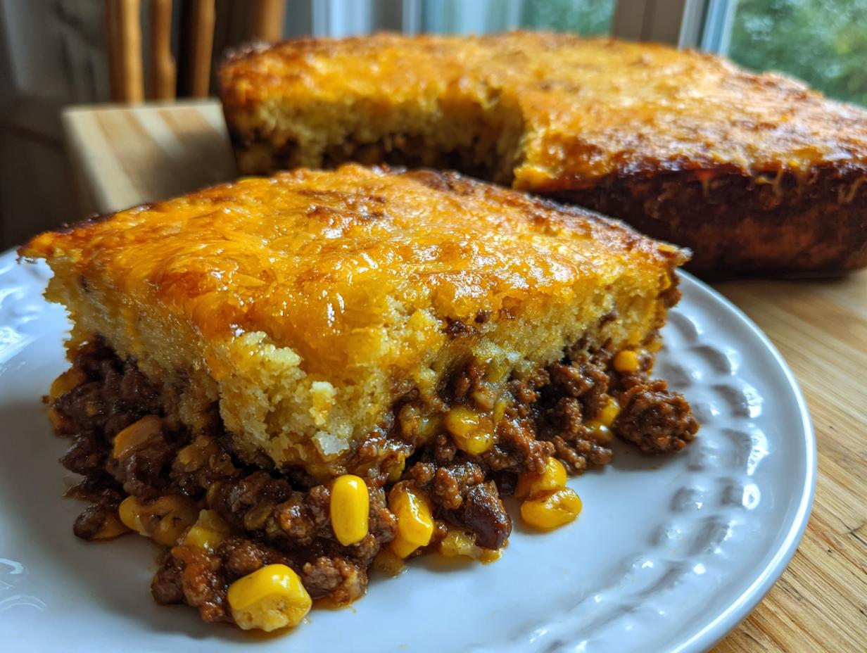 A generous slice of cowboy cornbread casserole featuring a thick, cheesy top layer over seasoned ground beef and corn filling.