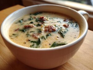Close-up of a creamy bean soup with chunks of sausage and wilted greens served in a white mug-style bowl.
