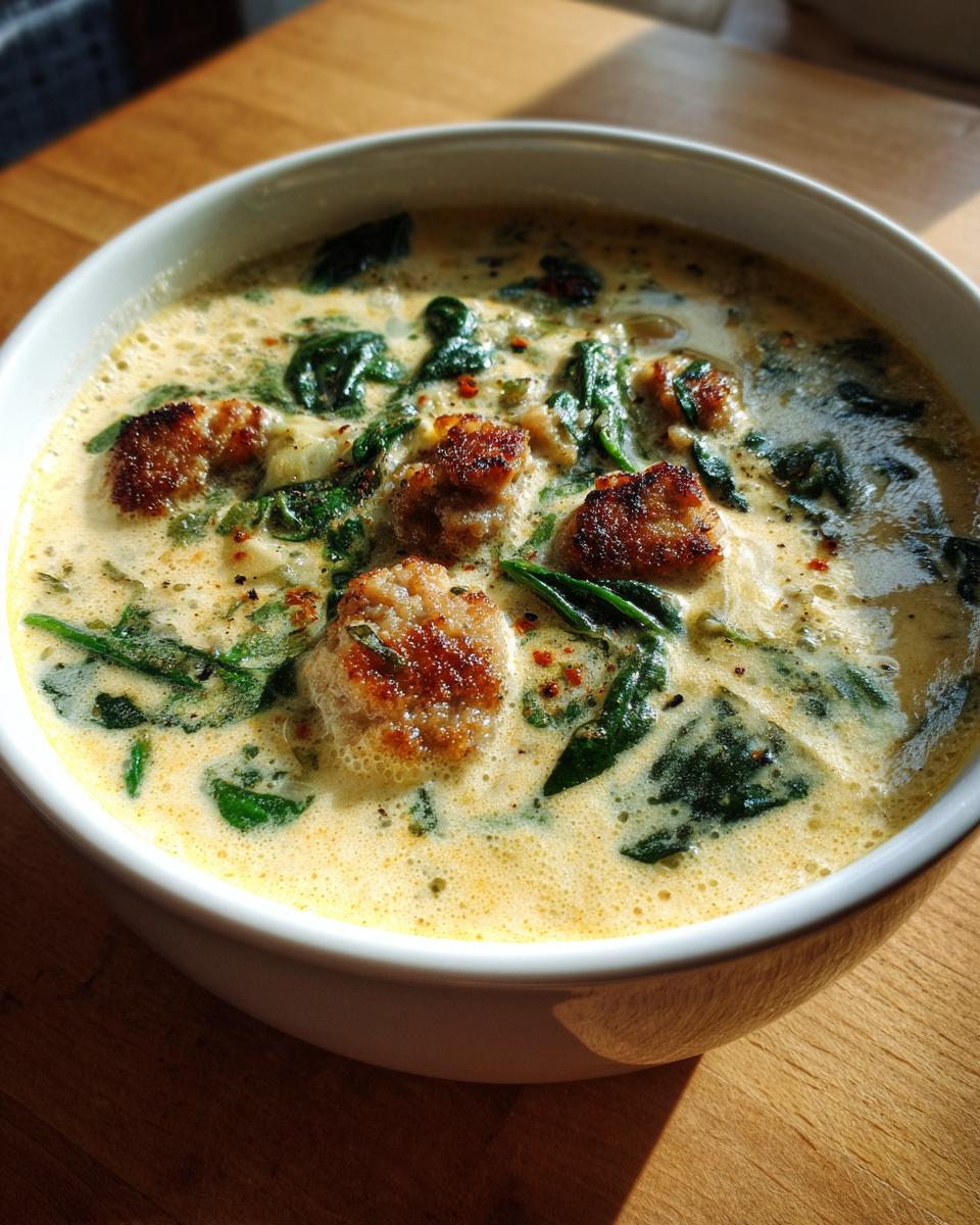A close-up of creamy bean soup featuring browned sausage pieces and wilted spinach, served in a white bowl.