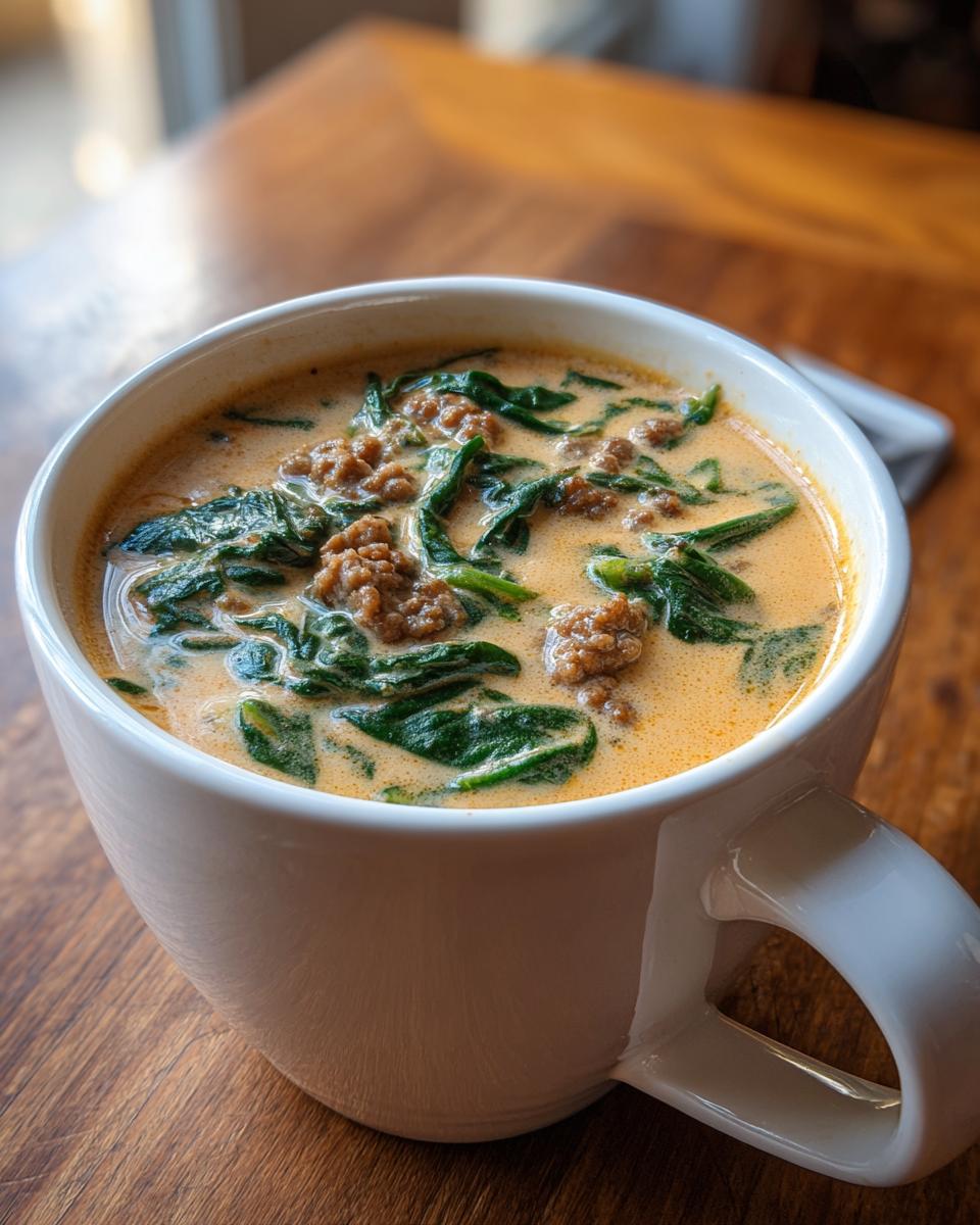 Close-up of a hearty bowl of creamy bean soup with crumbled sausage and wilted spinach.