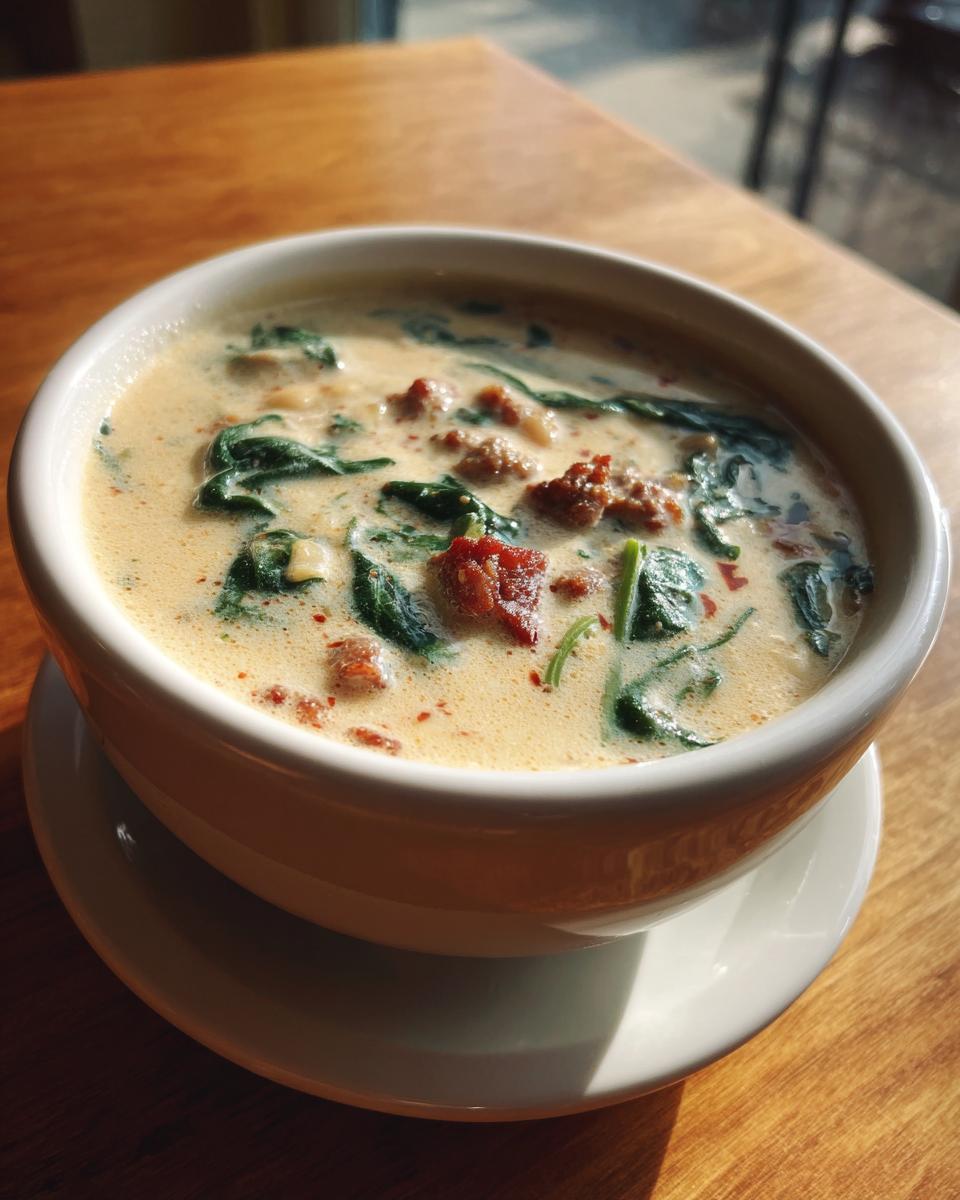 A close-up of a bowl of creamy bean soup featuring visible spinach leaves and chunks of sausage.