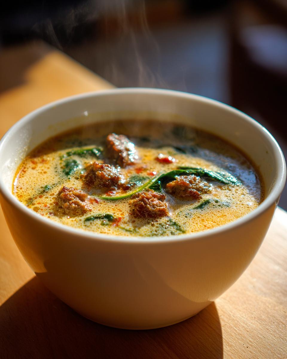 A close-up of a steaming white bowl filled with creamy bean soup containing chunks of sausage and spinach.