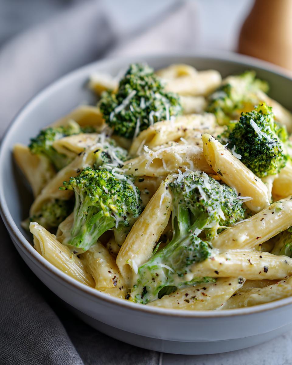 Close-up of creamy broccoli pasta featuring penne, bright green florets, and grated Parmesan cheese.