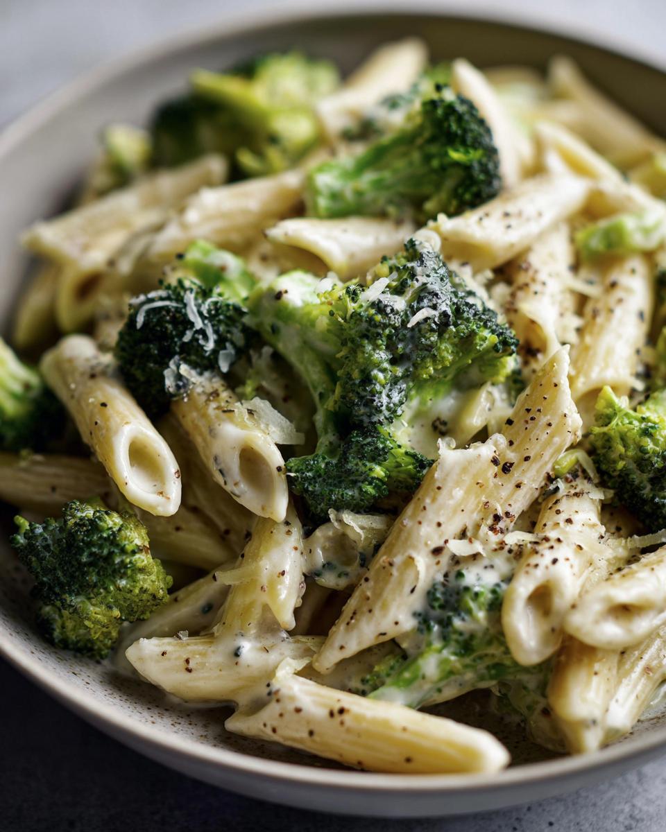 Close-up of creamy penne pasta mixed with bright green broccoli florets, seasoned with pepper, in a bowl of broccoli pasta.