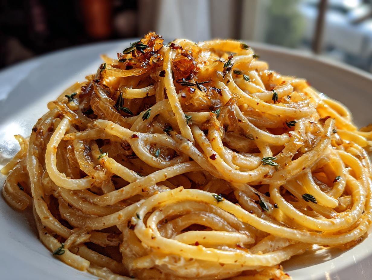 A close-up shot of a serving of creamy caramelized onion pasta, garnished with thyme.