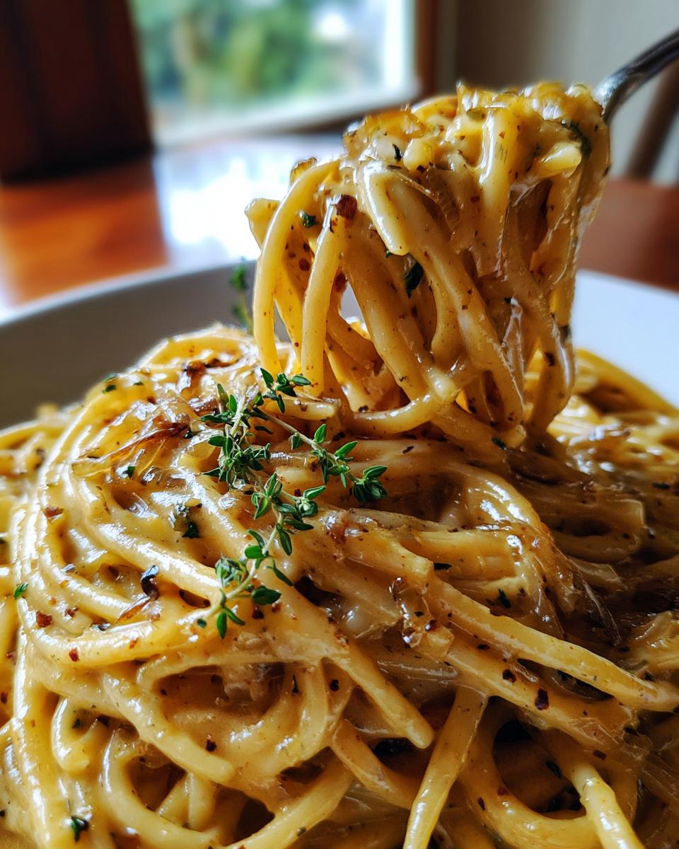 A fork lifts a generous portion of creamy caramelized onion pasta, garnished with fresh thyme sprigs.