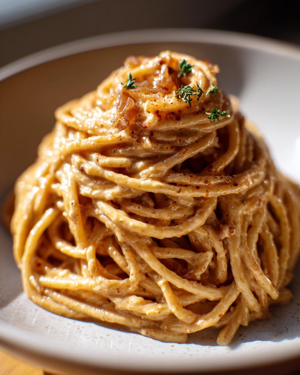 Close-up of creamy caramelized onion pasta, garnished with fresh thyme sprigs.