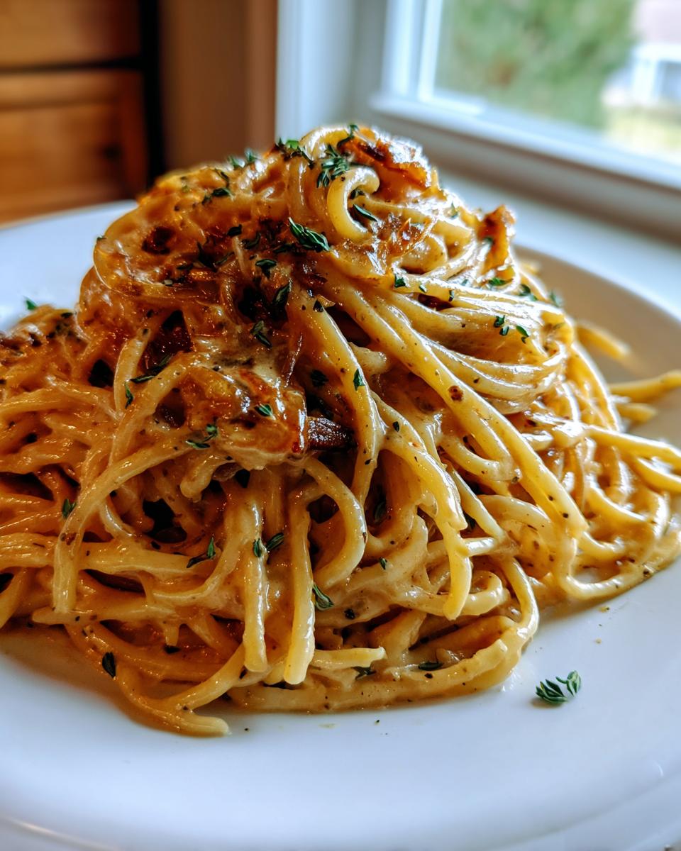 Close-up of a generous serving of creamy caramelized onion pasta, garnished with fresh thyme leaves.