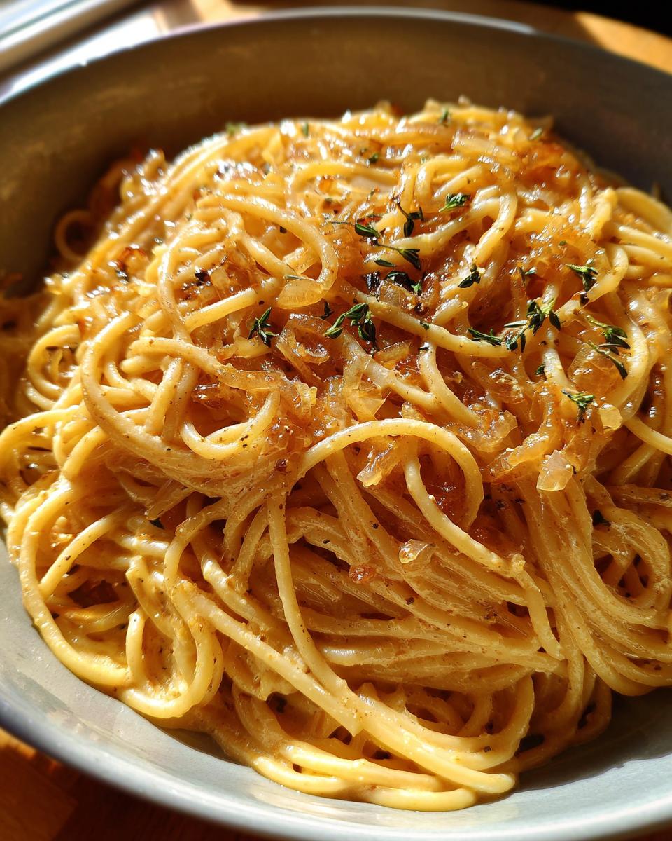 A close-up bowl of creamy caramelized onion pasta topped with fresh thyme sprigs.