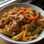 Close-up of creamy chicken fajita pasta with penne, seasoned chicken, and colorful sliced bell peppers.