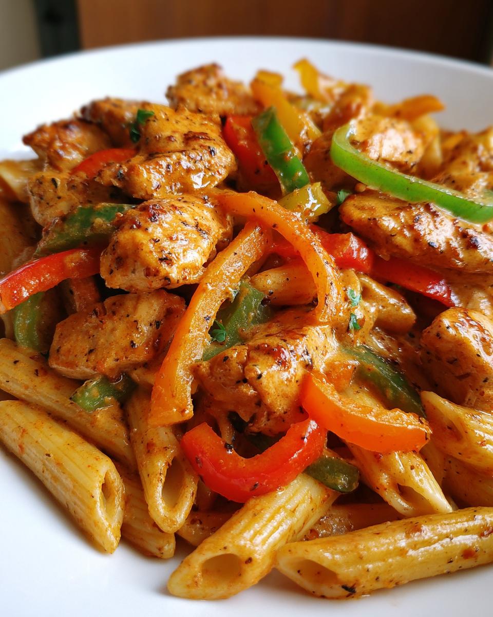 Close-up of creamy chicken fajita pasta featuring penne, seasoned chicken pieces, and sliced red, orange, and green bell peppers.