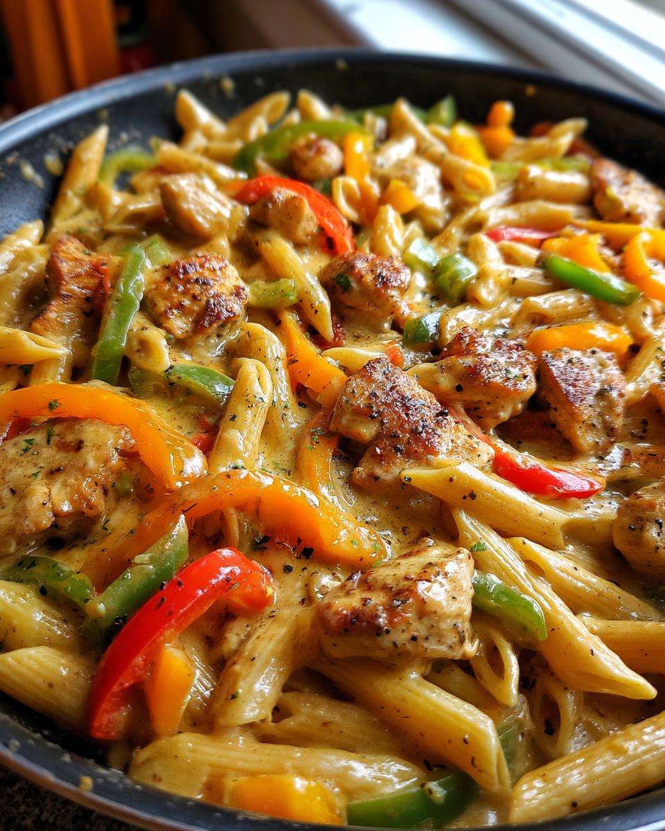 Close-up of creamy chicken fajita pasta with penne, seasoned chicken pieces, and colorful bell peppers.