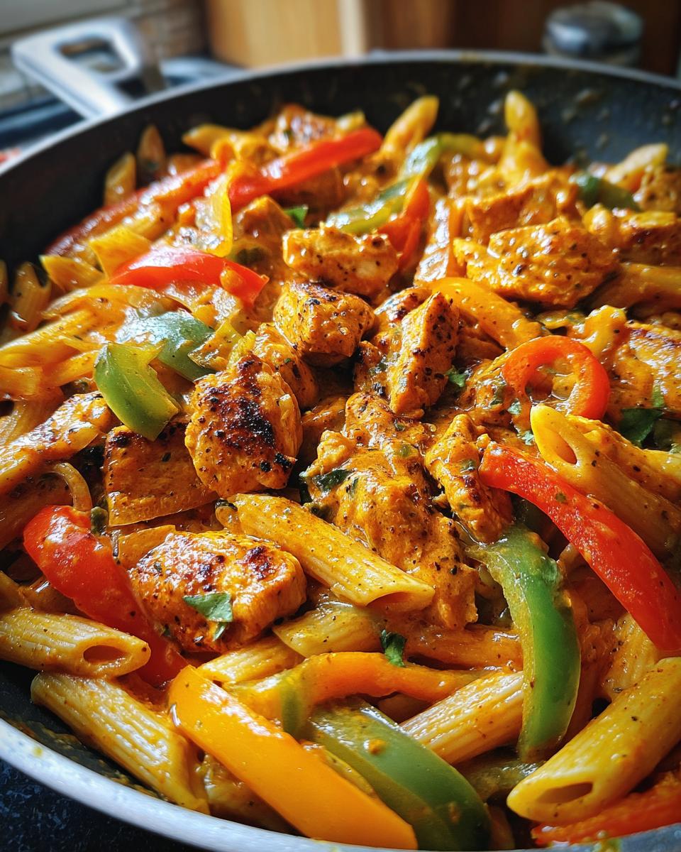 Close-up of creamy chicken fajita pasta with penne, seasoned chicken, and colorful bell peppers in a black skillet.