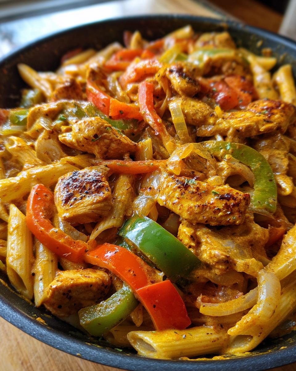 Close-up of creamy chicken fajita pasta with penne, seasoned chicken, and colorful bell peppers.