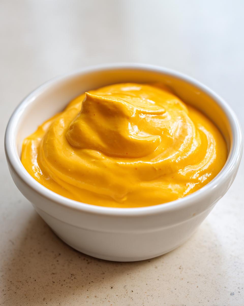 Close-up of smooth, vibrant orange cottage cheese queso dip swirled high in a small white bowl.