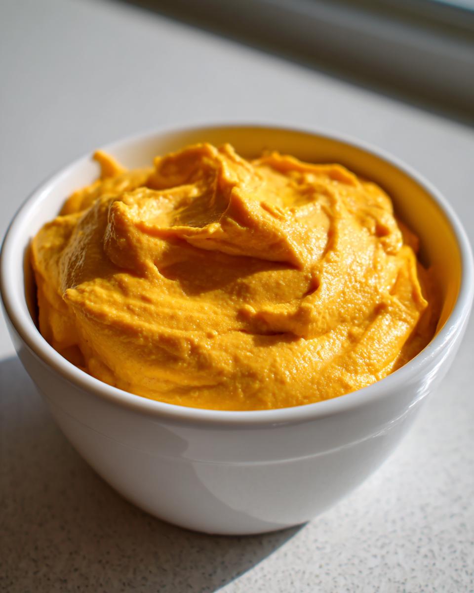Close-up of thick, vibrant orange cottage cheese queso dip served in a small white bowl.