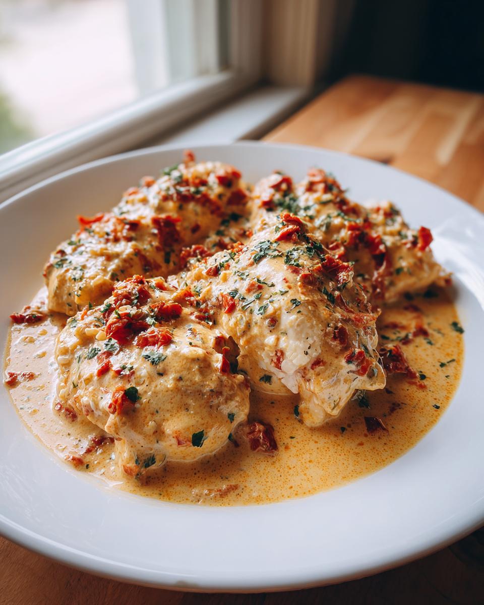 Four pieces of creamy Crockpot Marry Me Chicken covered in sun-dried tomatoes and parsley on a white plate.
