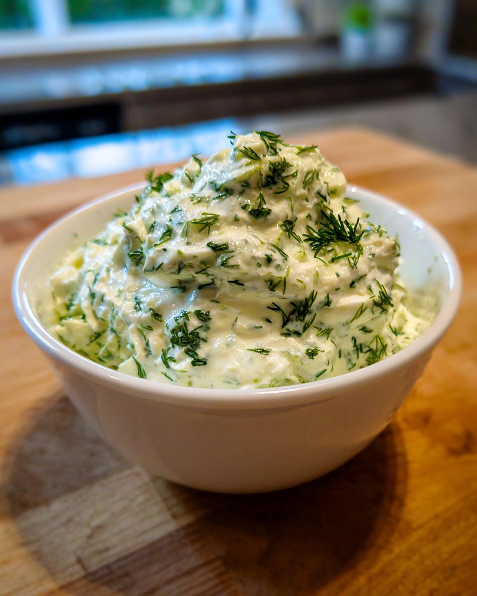 A white bowl filled high with creamy dill dip generously mixed with fresh chopped dill.