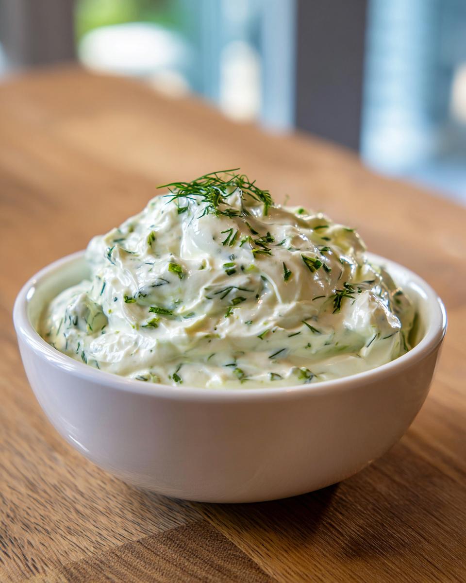 A close-up of a white bowl filled with creamy dill dip, generously mixed with fresh green herbs.