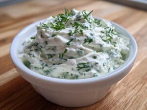 Close-up of a creamy white dill dip generously mixed with fresh green dill, served in a small white bowl.