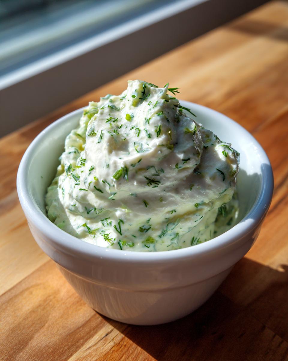 A close-up of creamy dill dip generously topped with fresh green dill, served in a small white bowl on a wooden surface.