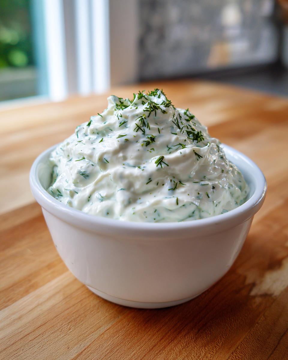 A close-up of a white bowl filled with creamy dill dip, generously topped with fresh dill.