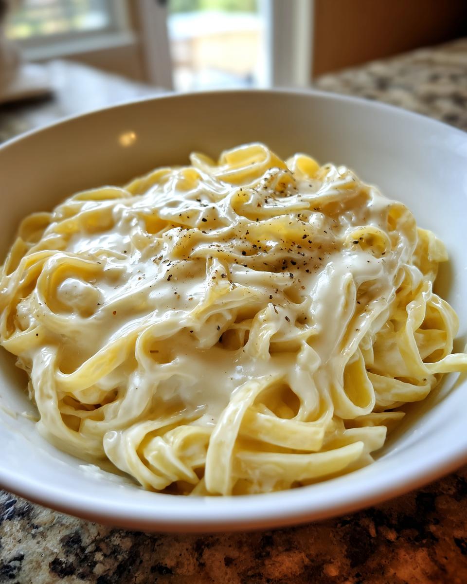 Close-up of fettuccine pasta generously coated in creamy vegan alfredo sauce and topped with black pepper.