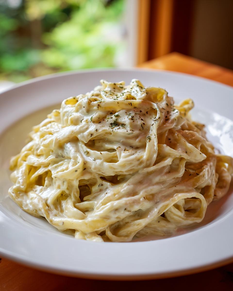 Close-up of fettuccine pasta coated in rich, creamy vegan alfredo sauce and sprinkled with herbs.