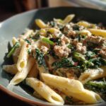 Close-up of creamy ground turkey pasta featuring penne, ground turkey crumbles, and wilted spinach in a light green bowl.