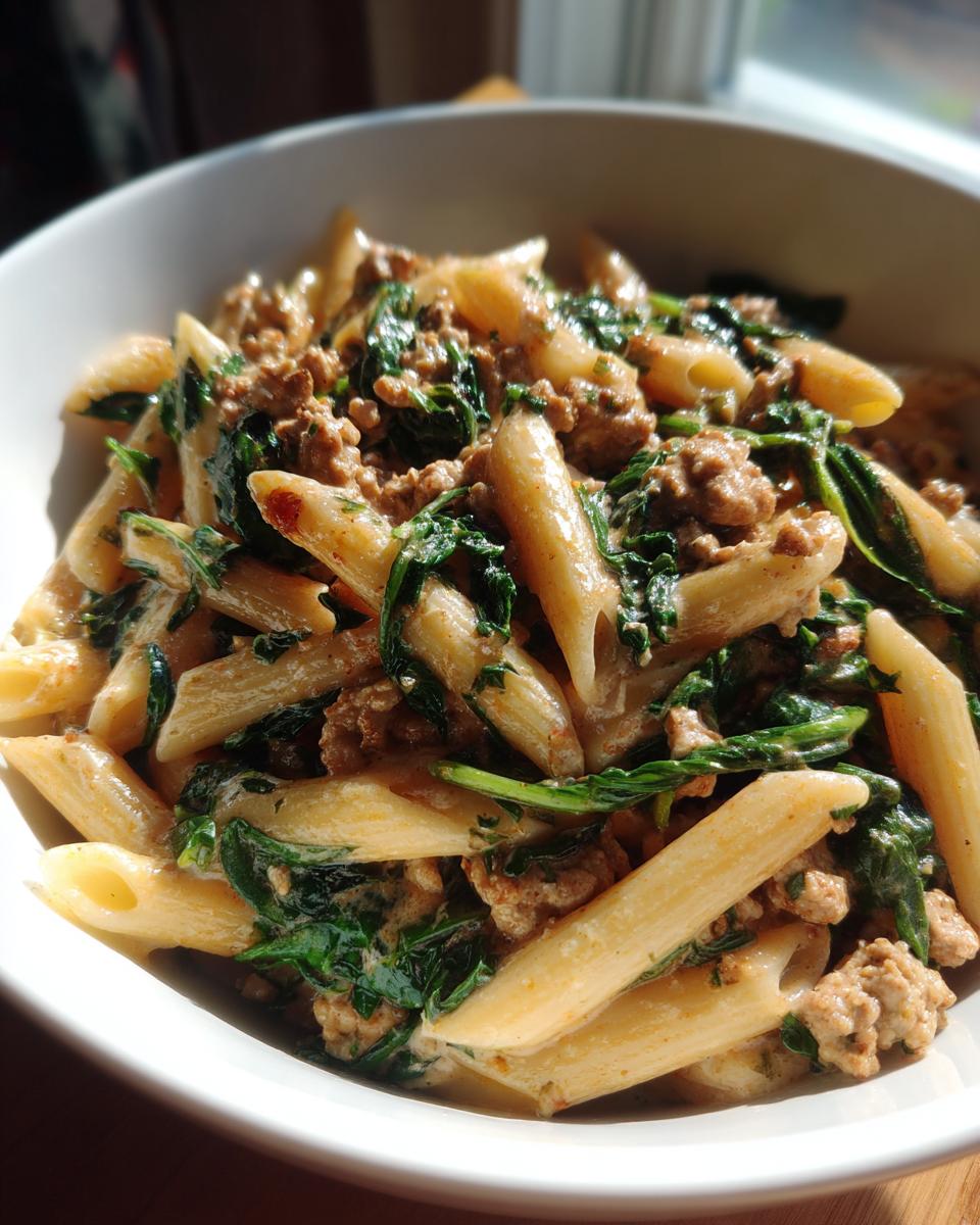 Close-up of creamy ground turkey pasta mixed with wilted spinach served in a white bowl.