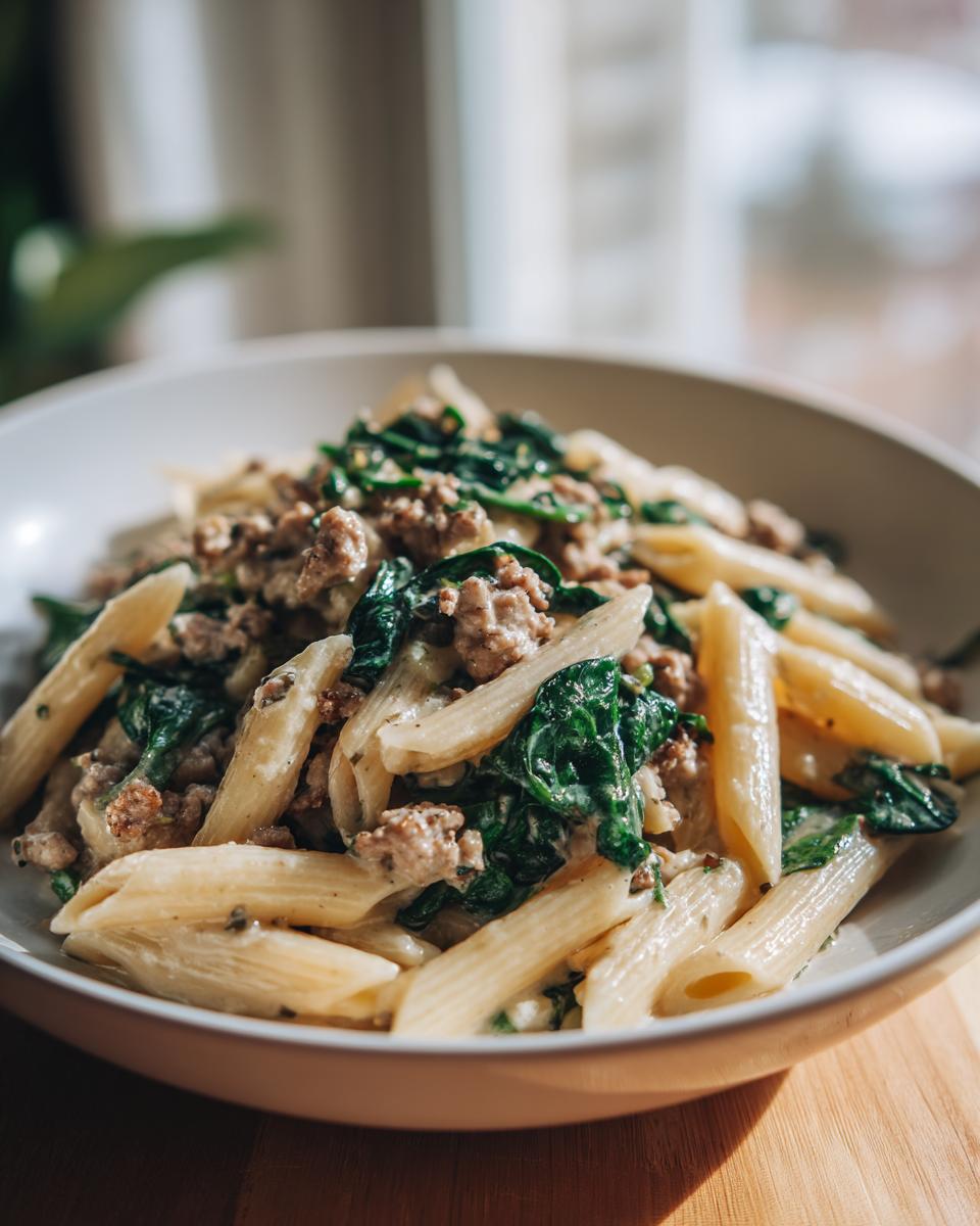 Close-up of creamy ground turkey pasta mixed with wilted spinach served in a white bowl.