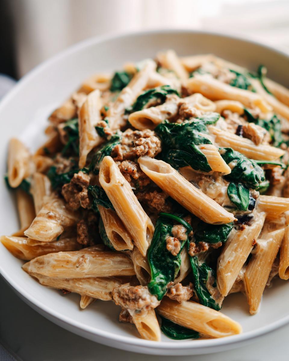 Close-up of creamy ground turkey pasta featuring penne noodles, browned ground turkey, and wilted spinach.